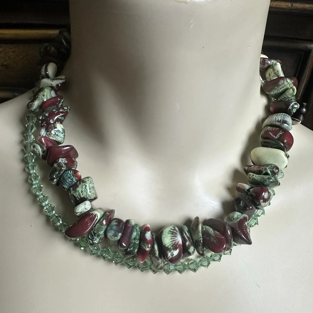 Artisan Beaded Necklace 17 Inch Fossil Coral Austrian Crystal 925 Sterling 87.8g